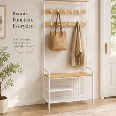 Hallway Coat Rack with Bench & Shoe Storage 9 Hooks Industrial Coat Stand