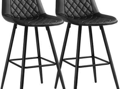 Set of 2 Bar Chairs, High Stools, Kitchen Seat, Metal Frame, with Backrest and Padded Seat, Metal Footrest, PU Padded Surface, Load 120 kg, Black