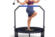 450 LBS Foldable Mini Trampoline for Adults, 40 inch Indoor Fitness Rebounder with U-Shape Adjustable Foam Handle, Quiet Bungee Jump System &amp; Cordless Jump Ropes