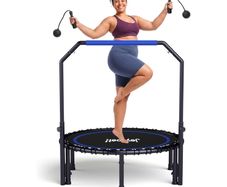 450 LBS Foldable Mini Trampoline for Adults, 40 inch Indoor Fitness Rebounder with U-Shape Adjustable Foam Handle, Quiet Bungee Jump System & Cordless Jump Ropes