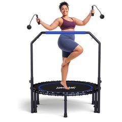 450 LBS Foldable Mini Trampoline for Adults, 40 inch Indoor Fitness Rebounder with U-Shape Adjustable Foam Handle, Quiet Bungee Jump System & Cordless Jump Ropes