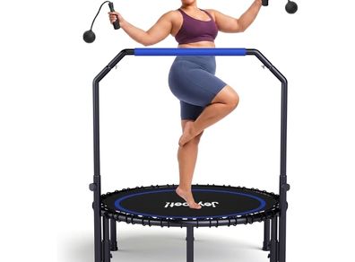 450 LBS Foldable Mini Trampoline for Adults, 40 inch Indoor Fitness Rebounder with U-Shape Adjustable Foam Handle, Quiet Bungee Jump System & Cordless Jump Ropes