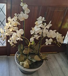 Artificial orchid plant in stone bowl
