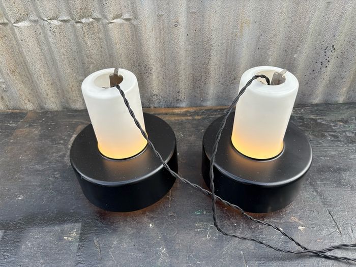 Rare vintage run of 2 Danish suspended pendant lights by Fog & Morup.