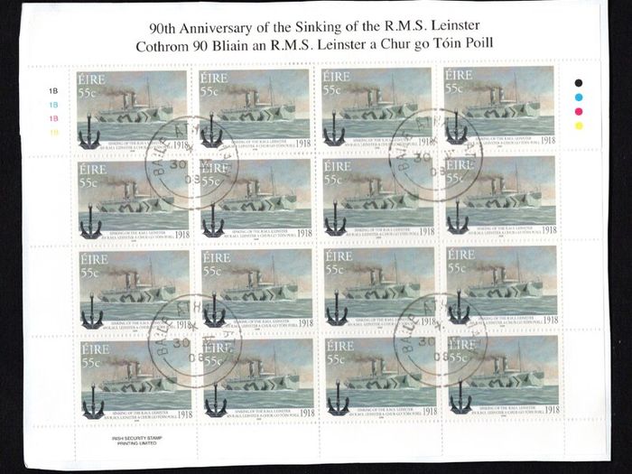 2008 Ireland 90th Anniversary of the Sinking of the RMS Leinster Stamp Sheetlet Plate 1B1B1B1B Fine CDS Used with Dublin cancel of 30th May 2008 (First day of issue)