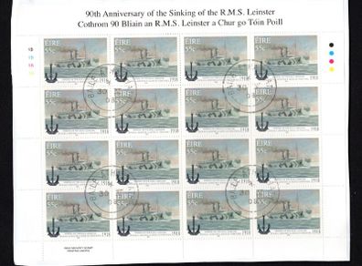 2008 Ireland 90th Anniversary of the Sinking of the RMS Leinster Stamp Sheetlet Plate 1B1B1B1B Fine CDS Used with Dublin cancel of 30th May 2008 (First day of issue)