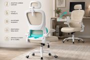 Executive Mesh Office Chair with Headrest &amp; Folding Armrests Beige