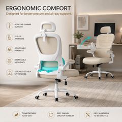 Executive Mesh Office Chair with Headrest & Folding Armrests Beige