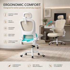 Executive Mesh Office Chair with Headrest & Folding Armrests Beige