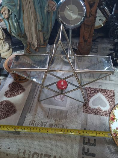 Vintage Large Geometric Glass & Silver Metal Star Tealight Candle Holder Postage available or Collection