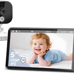 GHB 5-Inch Baby Monitor with Camera and Night Vision, IPS Screen, 2-Way Audio, Temperature Sensor, Digital Zoom, Lullabies, Feeding Reminder, VOX Mode
