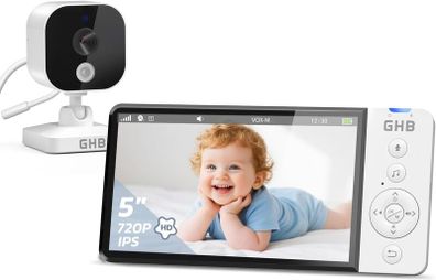 GHB 5-Inch Baby Monitor with Camera and Night Vision, IPS Screen, 2-Way Audio, Temperature Sensor, Digital Zoom, Lullabies, Feeding Reminder, VOX Mode