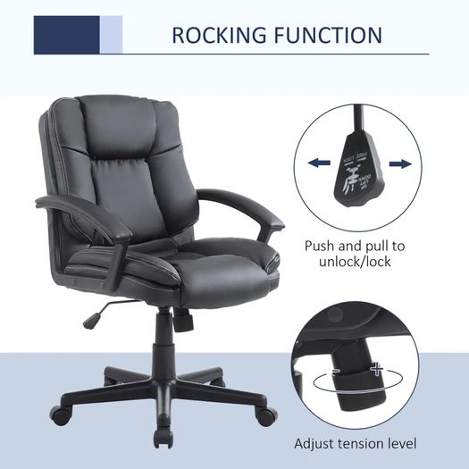 Mid Back Executive Office Chair, Faux Leather Computer Desk Chair with Swivel, Double-Tier Padding, Arm, Wheels, Black