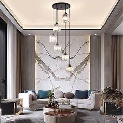 Long Chandelier for High Ceilings Modern Crystal Long Pendant Light Raindrop Drop Lamp Hanging Flush Mount Chandelier Ceiling Light for Staircase Foyer Living Room Entryway 6 Lights