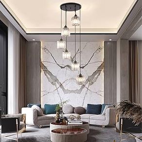 Long Chandelier for High Ceilings Modern Crystal Long Pendant Light Raindrop Drop Lamp Hanging Flush Mount Chandelier Ceiling Light for Staircase Foyer Living Room Entryway 6 Lights