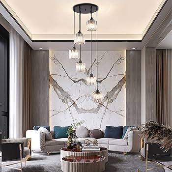 Long Chandelier for High Ceilings Modern Crystal Long Pendant Light Raindrop Drop Lamp Hanging Flush Mount Chandelier Ceiling Light for Staircase Foyer Living Room Entryway 6 Lights