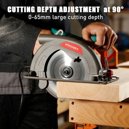 SALE | Circular Saw, 1300W HYCHIKA Electric Saw 4500RPM, High Power Motor, 24T Blade(185mm), Cutting Depth 65mm (90 degree), 45mm (45 degree), Safety Switch, Dust Extraction, for Wood/Plastic Cutting
