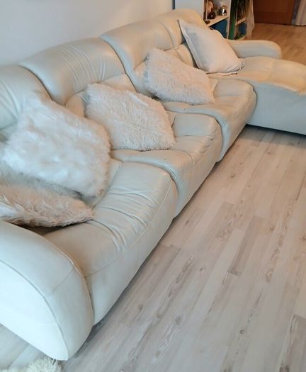 Off white ivory leather sofa & corner seat