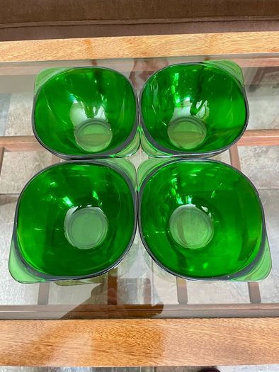 4 Stylish Vintage Vereco France Forest Green Clear Bowls with Tab Handles 1960 70s