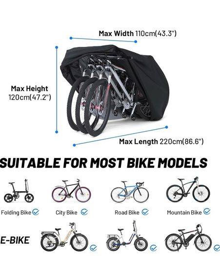 Bike Cover for 3 Bikes 210T Waterproof Outdoor  Bicycle Storage, Black Cover with Lock Hole, 2 Windproof Buckles & Storage Bag, UV Protection for Mountain & Road Bikes (220/120/110cm)