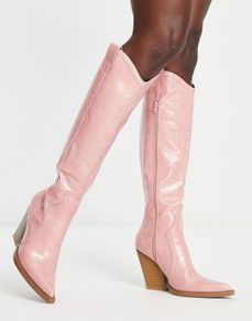 ASOS DESIGN Catapult Heeled Western Knee Boots Pink Croc Size 5!
