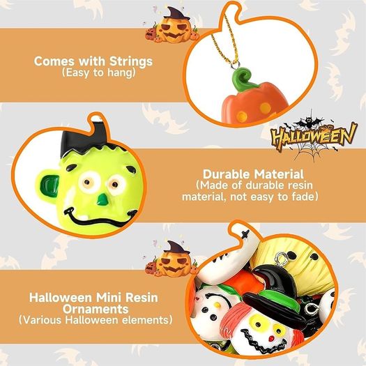 36 Pieces Mini Halloween resin charm pendant, Tiny Halloween tree decorations Mini Resin Halloween Ornaments with Golden Rope for DIY Festive Decoration Handcrafts