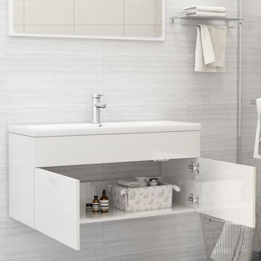 Sink Cabinet with Built-in Basin High Gloss White Chipboard