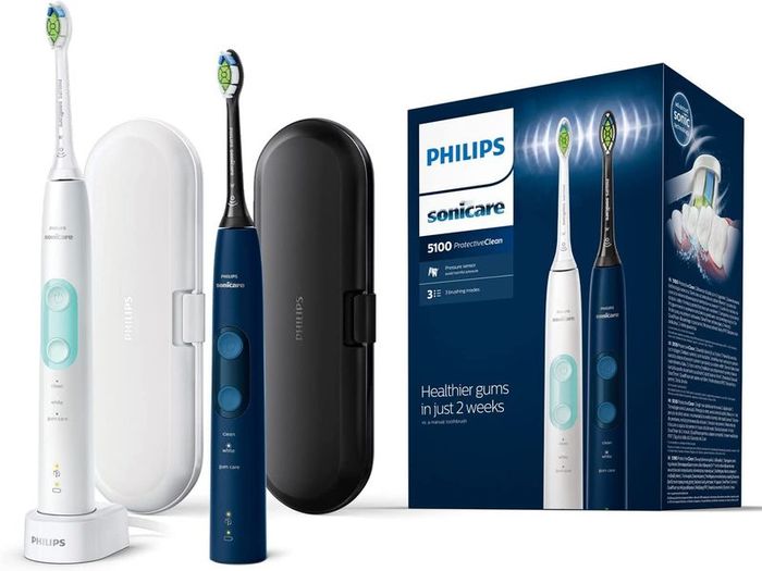 Philips Sonicare ProtectiveClean 5100 Electric Toothbrush Set of 2, Built-in Pressure Sensor, 3 Modes, BrushSync Function, 2 Travel Cases - White/Mint & Navy Blue