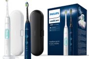 Philips Sonicare ProtectiveClean 5100 Electric Toothbrush Set of 2, Built-in Pressure Sensor, 3 Modes, BrushSync Function, 2 Travel Cases - White/Mint &amp; Navy Blue