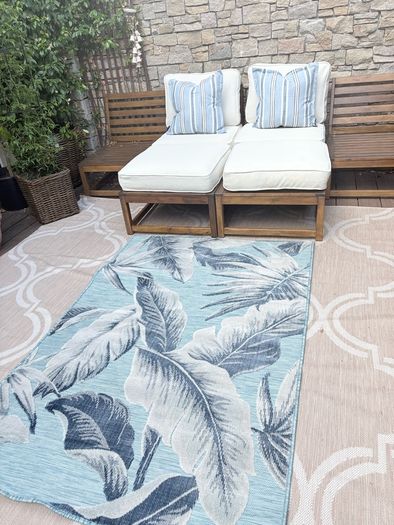 New 52cm x 52cm Oxford style Cambridge blue, French navy and white outdoor cushion