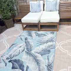 New 115cm x 170cm raised pile leaf tropical outdoor/indoor rug in distressed blue, grey and navy