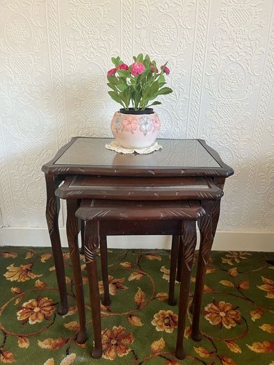 Vintage Mahogany Nest of 3 Tables with Glass Tops