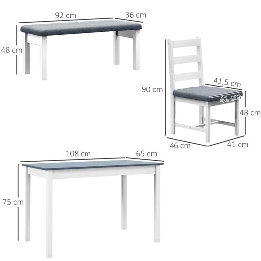 Dining Set, 4-Piece Dining Table Set, 1 Table, 1 Bench, 2 Chairs, Gray + White