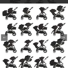 City select jogger twin buggy - perfect for a toddler & a baby. Two toddler seats & one bassinet available with adapters for a car seat. Two footmuffs (not city select brand but they are red) included & a brand new rain over.
