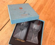 Vintage Jaffe Rose Matisse Hand Engraved Crystal Wine Glasses - Pair & Original Box