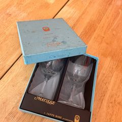 Vintage Jaffe Rose Matisse Hand Engraved Crystal Wine Glasses - Pair & Original Box