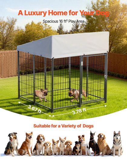 Outdoor Dog Kennel, 1.12 x 1.15 x 1.25 m Large Dog Kennel with Secure Lock, Outside Dogs Enclosures with UV-Resistant & Waterproof Roof Cover