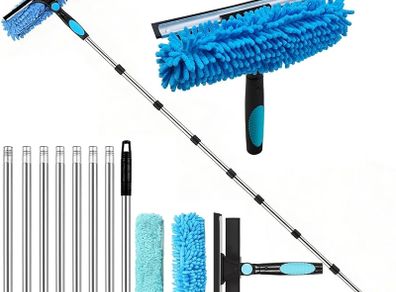 11FT(3.3m) Window Cleaning Equipment,Window Cleaner,Telescopic Window Squeegee Cleaner with Long Handle,2-in-1 window cleaning kit for Home, Shower, Car, RV, Upstairs Windows & Solar Panels