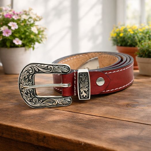 Unisex Premium Red Genuine Leather Belt Vintage Engraved Silver Buckle
