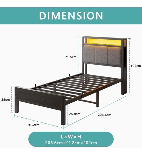 3FT Single Bed Frame with Storage Headboard, Black Metal Single Bed with Upholstered Headboard, LED Lights and Charging Station, Heavy Duty Metal Slats Support,Easy Assembly