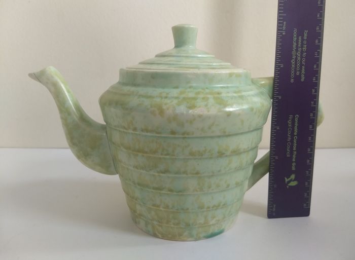 Stunning Art Deco 'Windsor Step' Shaped Teapot by Wade Heath, with a Stunning Rare Mottled Mint Green Glaze, Circa 1930+