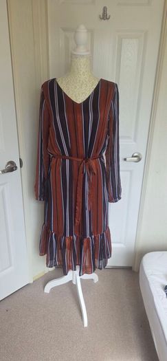 Fransa Rust Stripe Midi Dress Size 8 Boho Autumn Sheer Sleeve Belted
