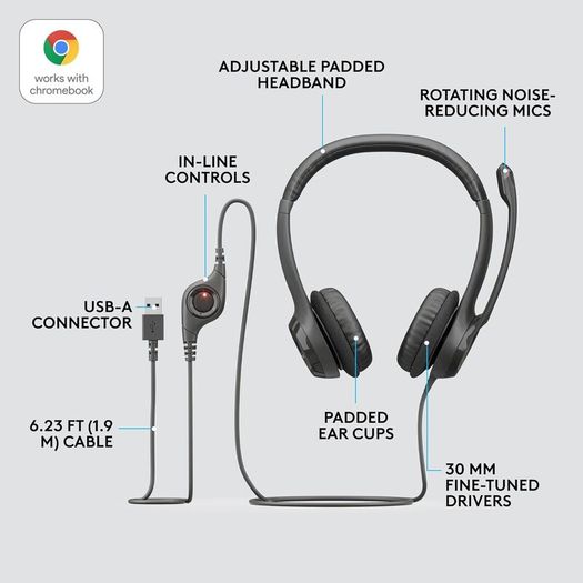 Logitech H390 Wired Headset, Stereo Headphones with Noise Cancelling Microphone, USB-A - Black