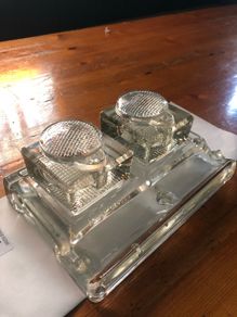 desk top  ace cut glass ink well and pens holder
