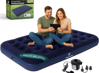 Green Haven Double Airbed with Electric AC Pump Inflatable Mattress for 2 with Waterproof Flocked Top Quick Setup Blow Up Bed for Camping & Guest Use