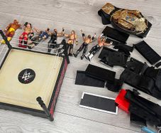 WWE wrestling ring with figures and championship belt