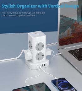 Tower Extension Lead with USB Slots 2M, 8 AC Outlets and 4 USB Ports Multi Plug Socket Extension Tower, Surge Protected with Switch, Power Strip Outlets Extension Cord for Home, Office, Kitchen