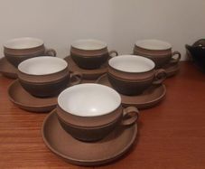 Fabulous Vintage Retro 1970s Set of Six Tea/Coffee Duos by Denby in the Rustic Cotswold Pattern