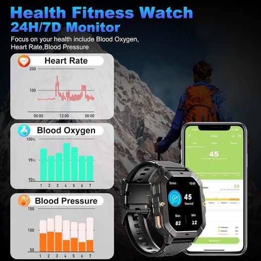 Smart Watch 5ATM Waterproof Inch Full HD Military Watch with Blood Pressure, Smart Watch Men with Heart Rate SpO2 Sleep Monitor Pedometer, 100+ Sports Modes Sports Watch