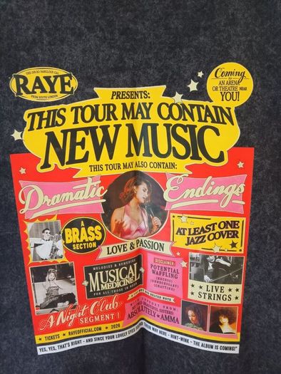 Distressed Grey RAYE This Tour May Contain New Music Double Sided T Shirt. XXL - Width: 65cm, Length: 75cm.